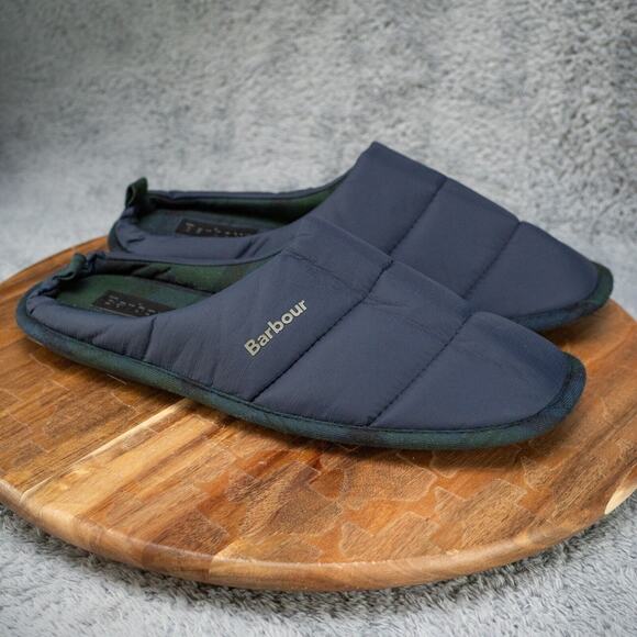 BARBOUR of England Navy Slippers Plaid Inner Men's Size 12 EUC - Picture 1 of 8